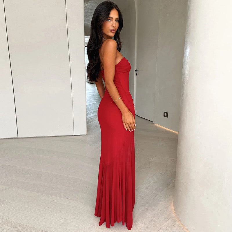 Women Clothing Solid Color Sleeveless Backless Slim Fit Sheath Pleated Tube Top Maxi Dress