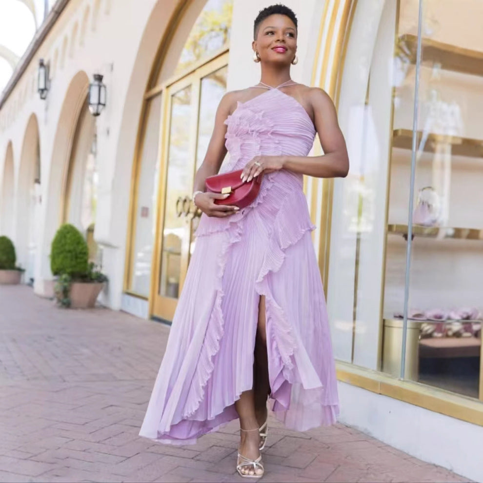 Spring Summer Pleated Ruffled Halter Backless a Swing Chiffon Elegant Dress
