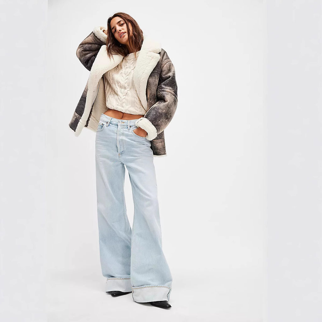 Retro High Waist Slimming Straight Casual Wide Leg Loose Washed Design Jeans