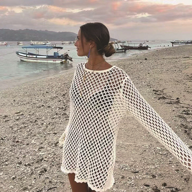 Knitted Hollow Out Cutout Sexy Sun Protection Shirt Bikini Cover-up Women Swimsuit Blouse Vacation Beach Outer Pullover