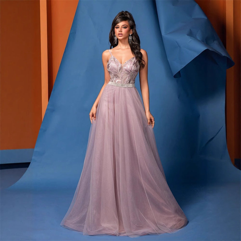 V neck Brace Sequin Pink Bridesmaid Formal Dress Elegant A Hem Backless Beaded Mesh Formal Dinner Dress