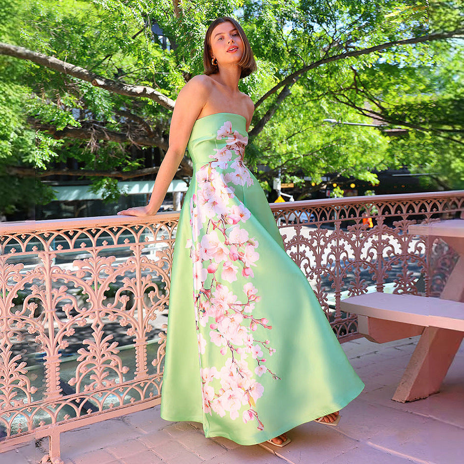 Stitching Satin Sexy Tube Top Printed High Waist Dress Evening Dress