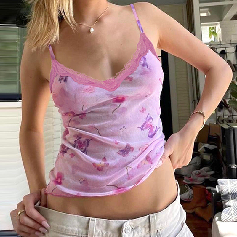 Sexy Butterfly Print Lace V neck Mesh Vest Sexy Sexy Backless Slim Fit Outer Wear Sling