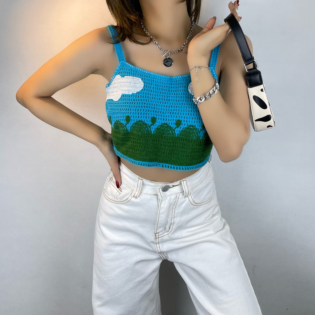 Spring Summer Fresh Blue Cloud Knitted Vest Camisole Exposed All Matching Short