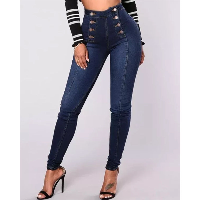 High Waist Casual Jeans Trousers Trendy Double Row Multi Button Slim Stretch Jeans Women