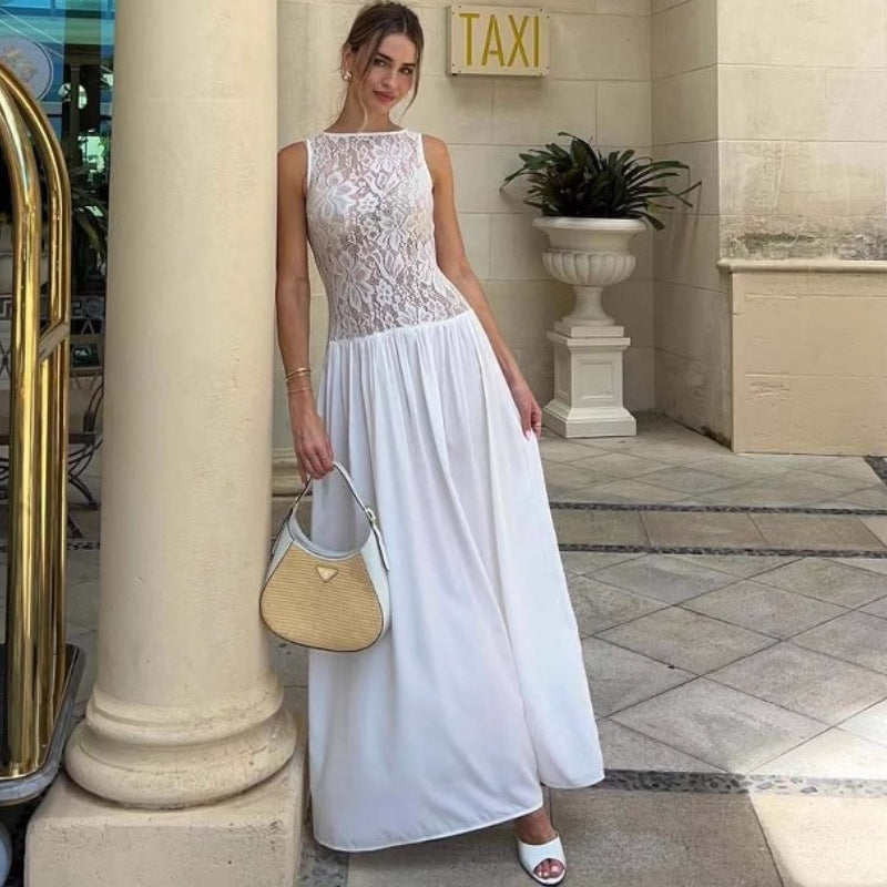 Women Clothing Sleeveless Lace Slim Fit Patchwork Maxi Sexy Dress