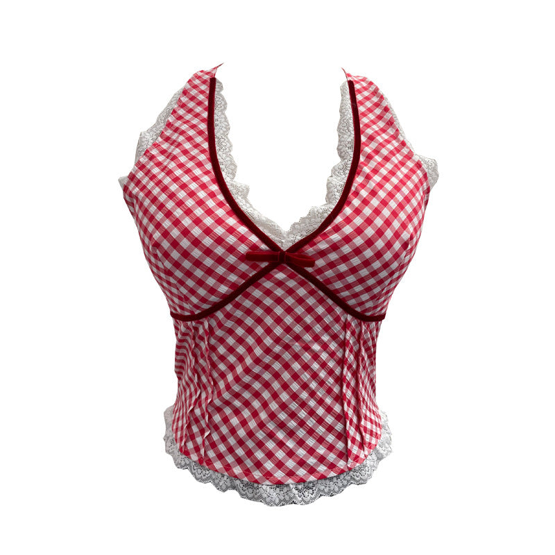 Real Shot Red Plaid Halter Spaghetti Straps Vest Women Summer Sexy Backless Big Bow Sleeveless Top