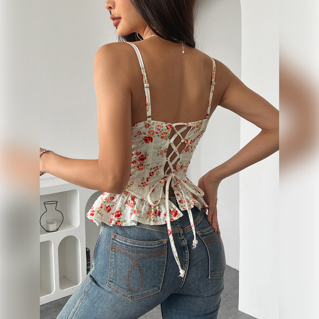 Spring Summer Floral Irregular Asymmetric Ruffled Light Slimming Sexy Backless Lace up Wrapped Chest
