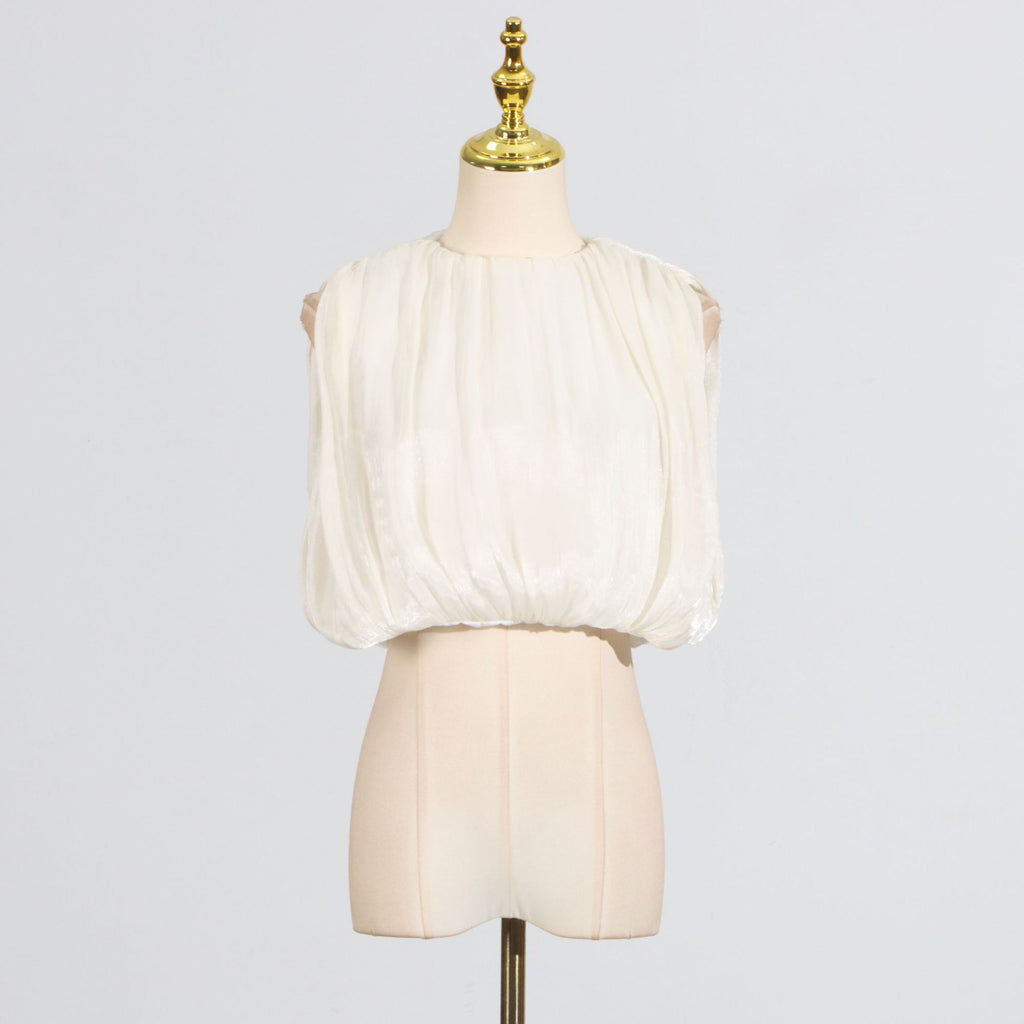 Simple Top for Women Summer Casual round Neck Solid Color Mesh Pleated Design Loose Shirt