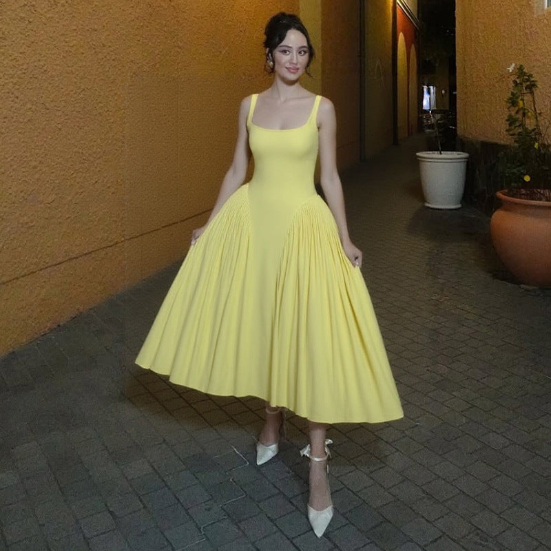 Summer Women Clothing Elegant Graceful High Waist Slim Solid Color Square Collar Sling Dress