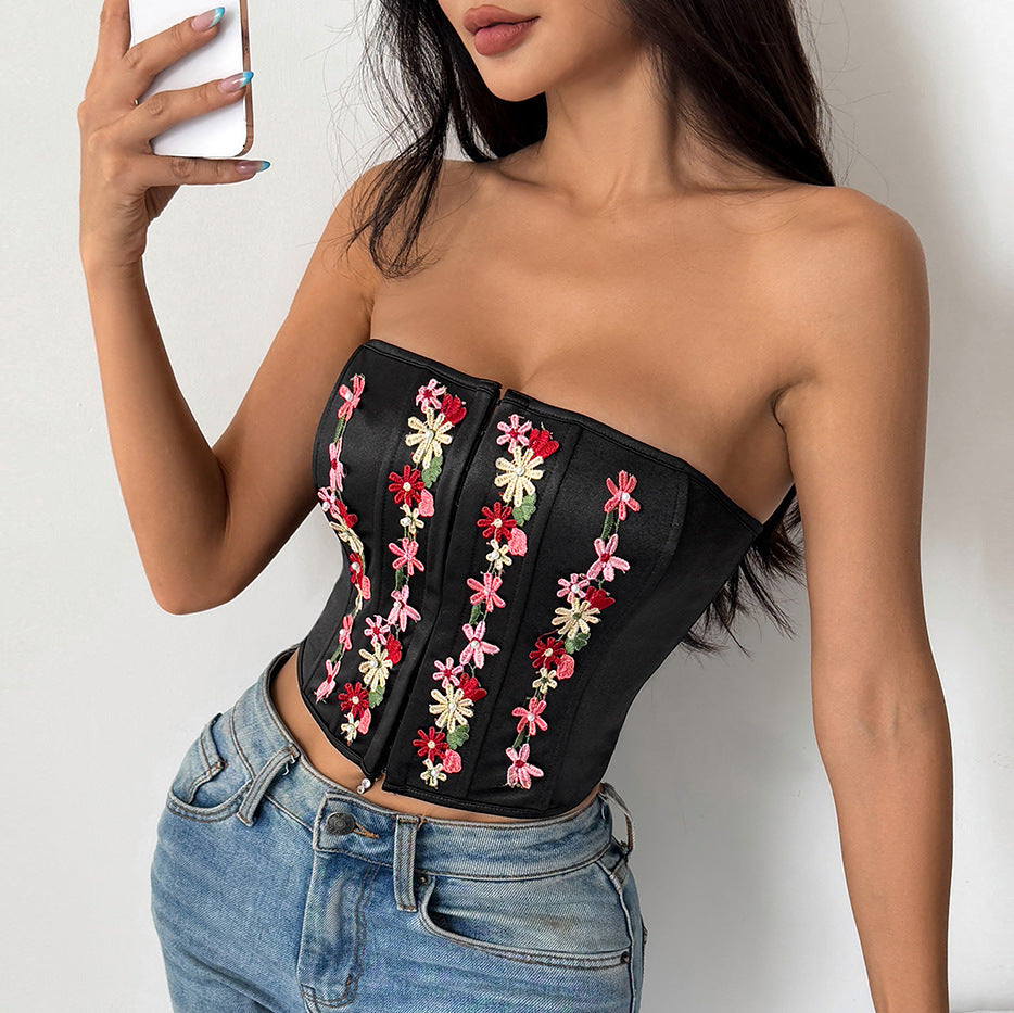 Street Shooting Sexy Embroidery Stitching off Shoulder Wrapped Chest Boning Corset Shaping Breasted Cardigan Top