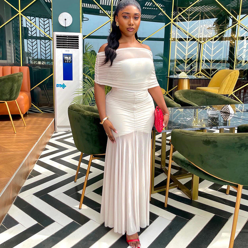Fresh Elegant Women off Shoulder Pleated Hip Tube Top Slightly Transparent Hipster Dress