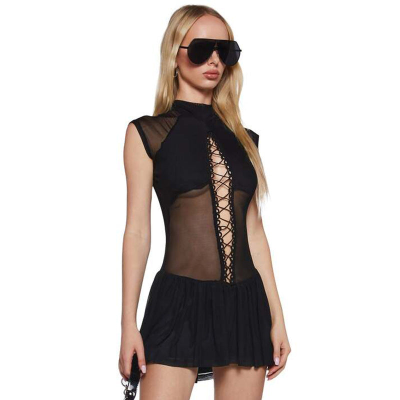 Women Clothing SpringSummer Half Turtleneck Lace up Cutout Rope Stitching Mesh Pleated Dress