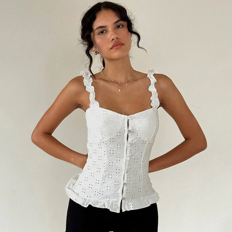 Design Hollow Out Cutout Jacquard Lace Shoulder Strap Vest Pastoral Girly Button Cardigan Waist Trimming Short Top Women Clothing