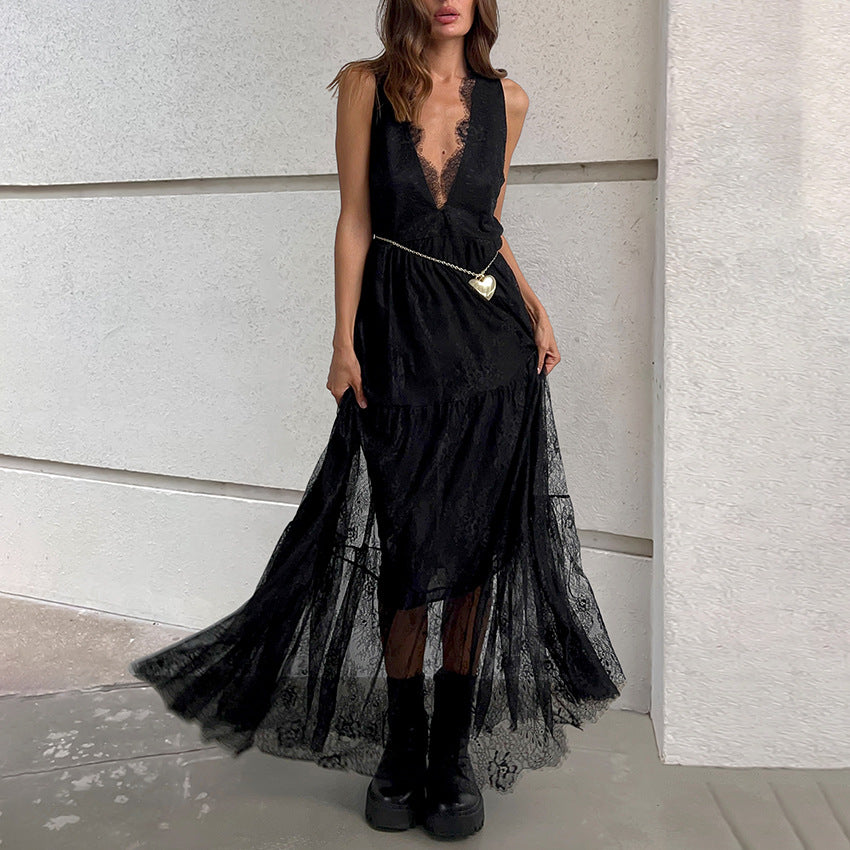 Sexy Black Brocade Lace Dress All Matching Sexy V-neck Loose Backless Women Dress