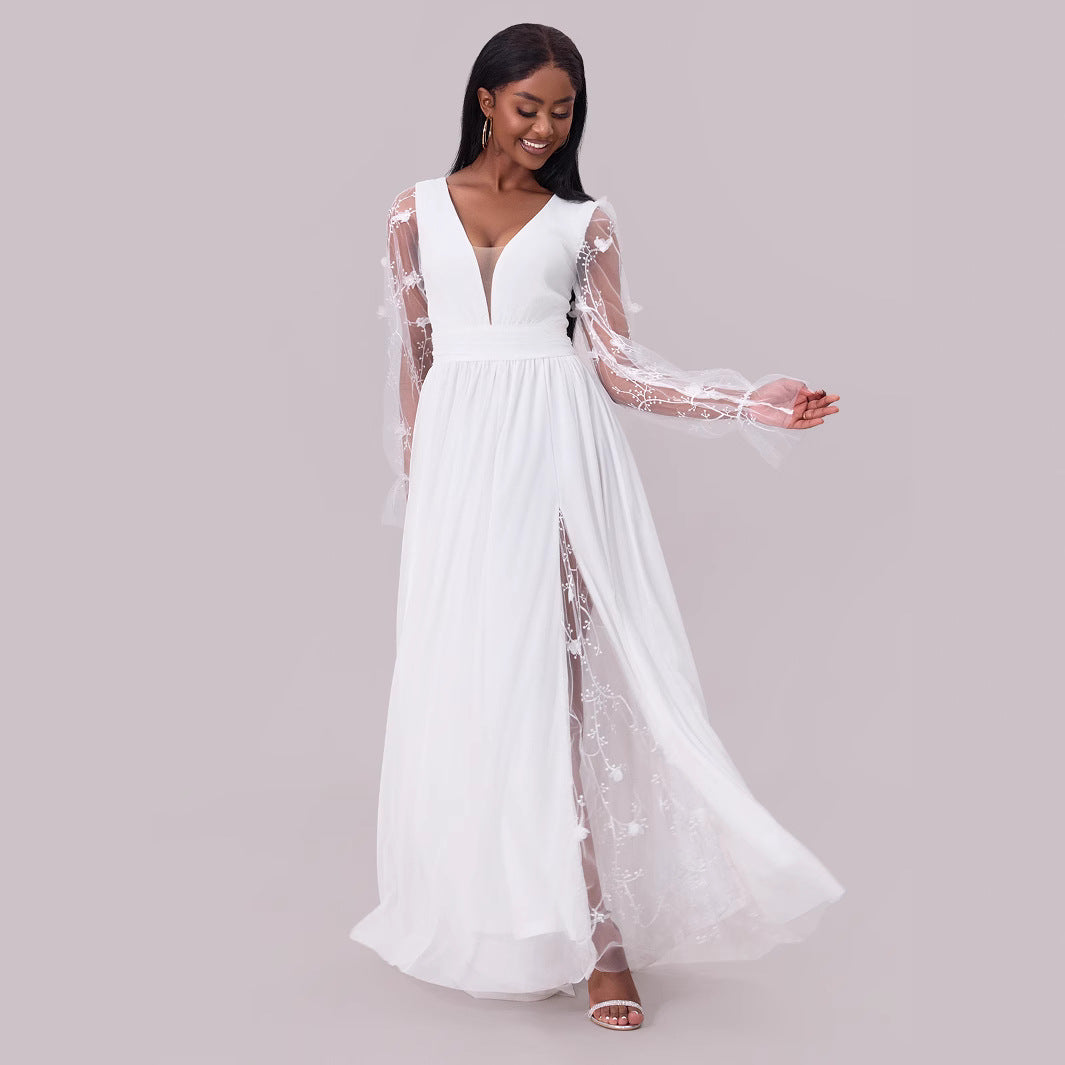 Wedding Dress Supply Women Dress Deep Collar Long Sleeve Wedding Dress
