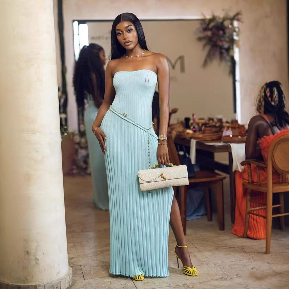 Spring Summer Tube Top Twisted Floral Split Long Wool Dress