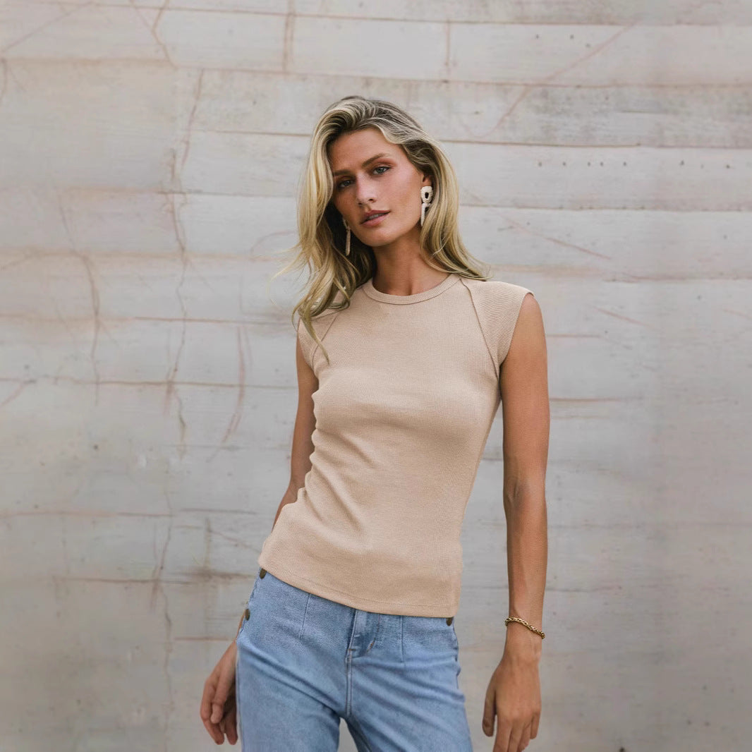 Summer Solid Color Sleeveless round Neck Slim Rib Sexy Top Vest Camisole Women