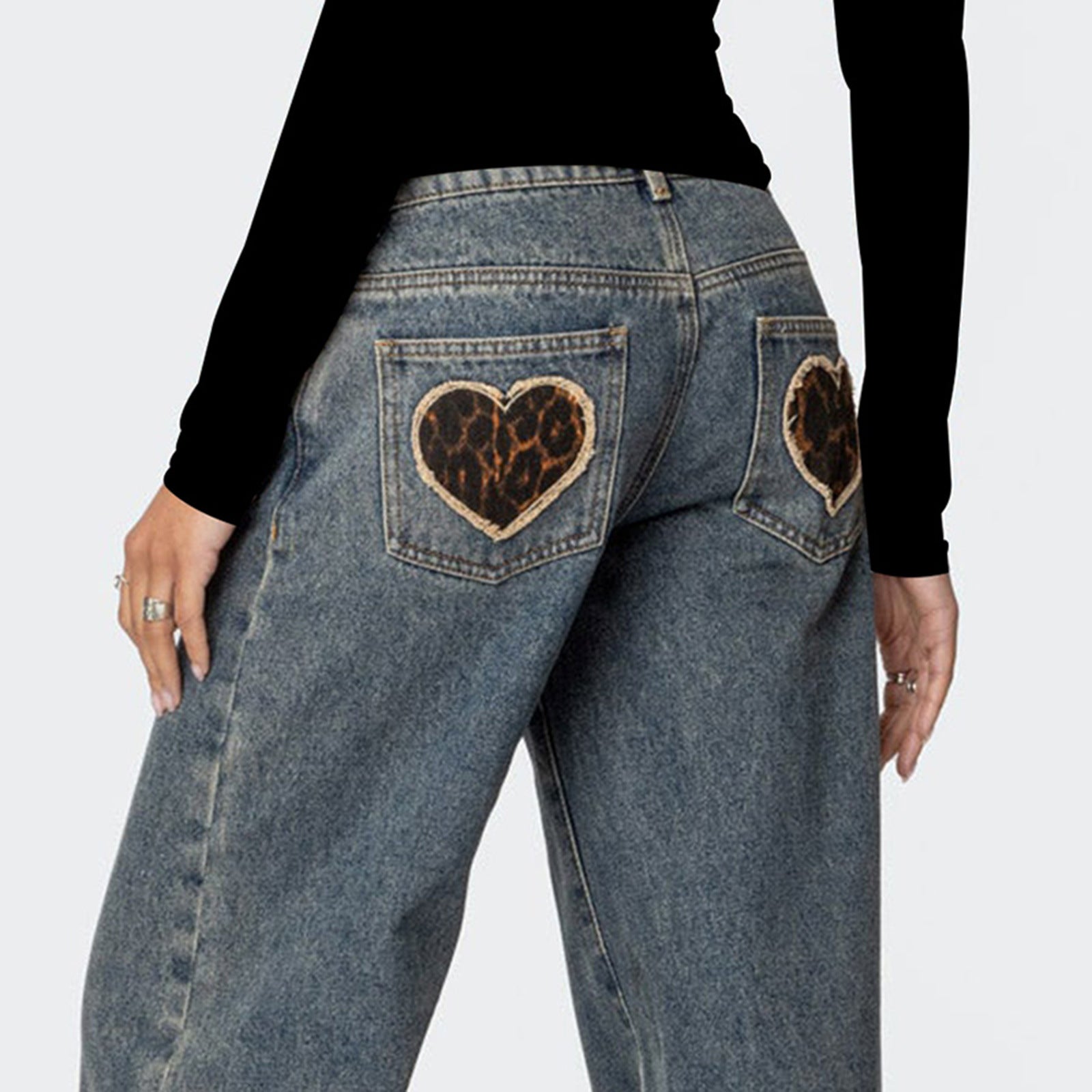 Love Leopard Pattern Pocket Low Waist Wide Leg Casual Straight Jeans
