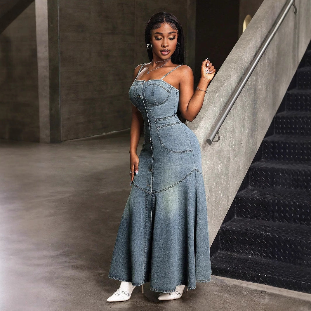Fashionable Mid Length Single Breasted Sling Denim Dress