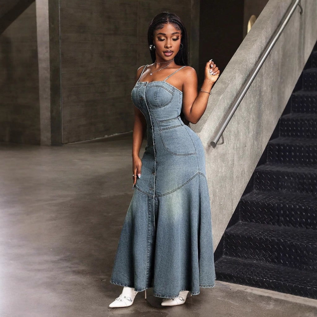 Fashionable Mid Length Single Breasted Sling Denim Dress