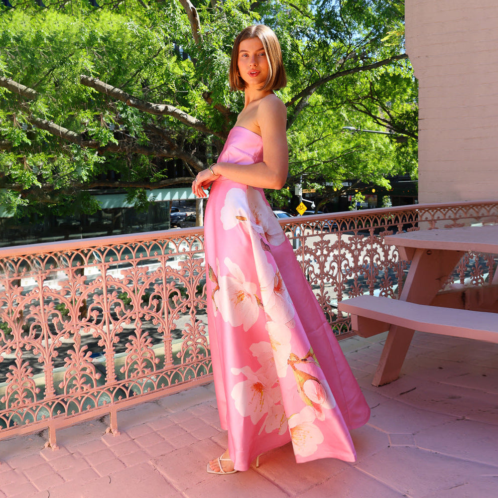 Stitching Satin Sexy Tube Top Printed High Waist Dress Evening Dress