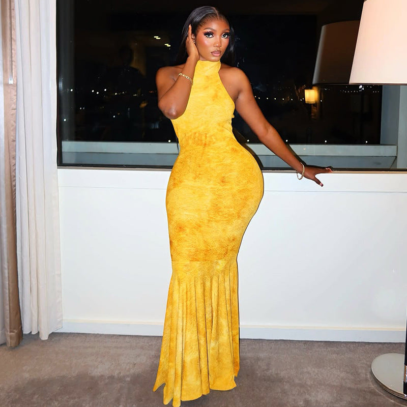 Slim Fit Elegant Women Sheath Elegant Fishtail Skirt Slim Sexy Backless Turtleneck Length Dress