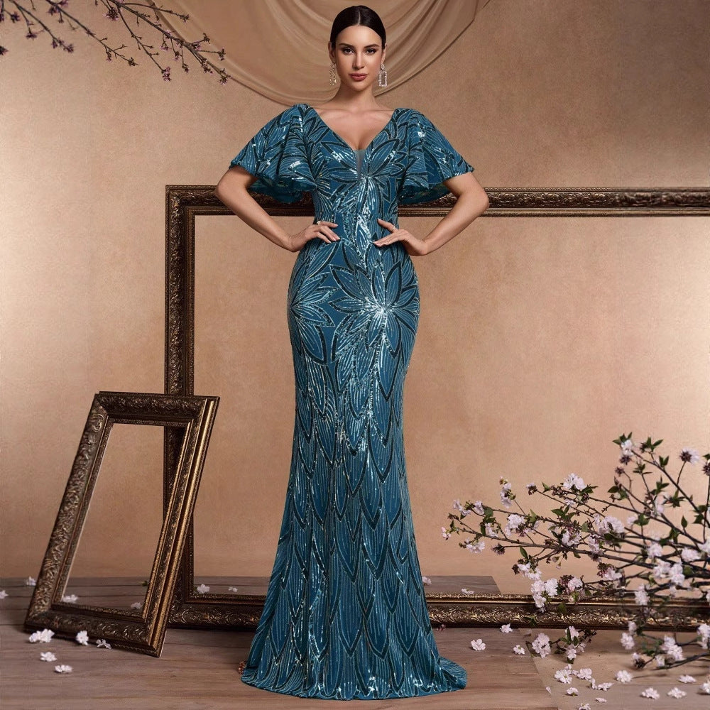 Robe de cocktail élégante à manches courtes et paillettes, col en V, élégante, formelle, pour le printemps et l'été, style sirène