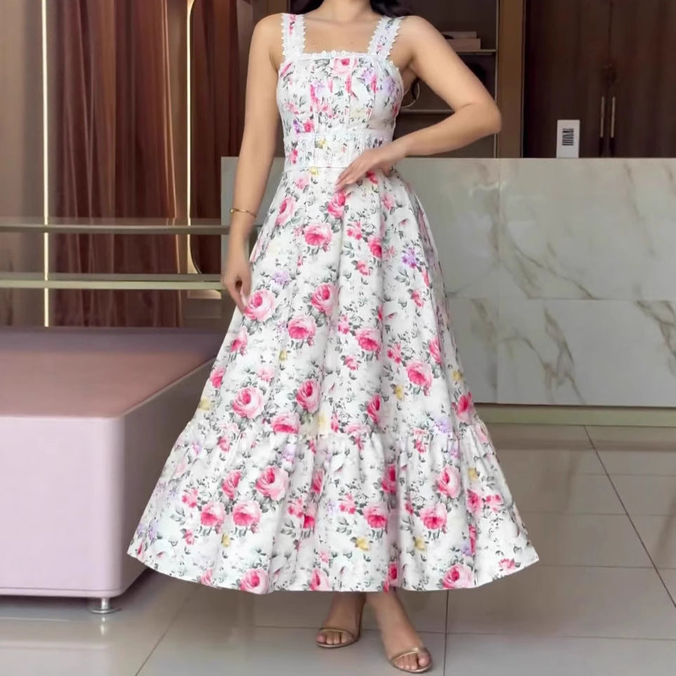 Women Holiday Floral Print Lace Sleeveless A line Dress