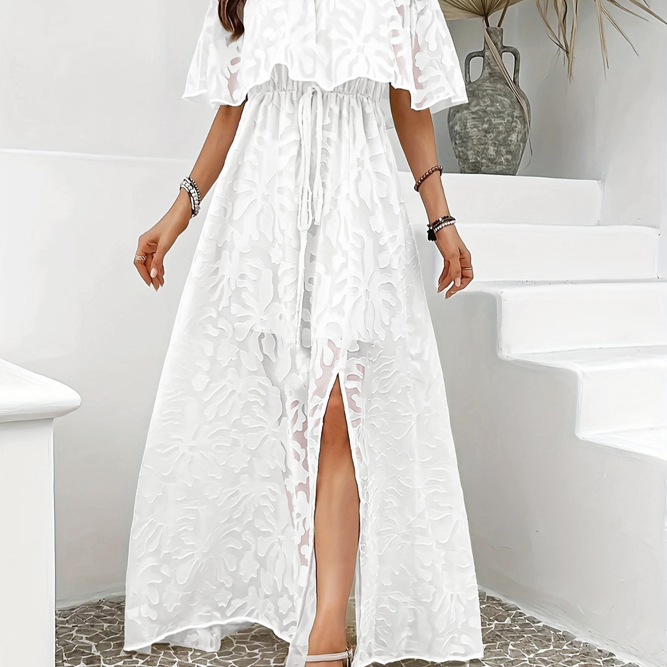 Women Clothing Elegant off Shoulder Split Long Jacquard Dress