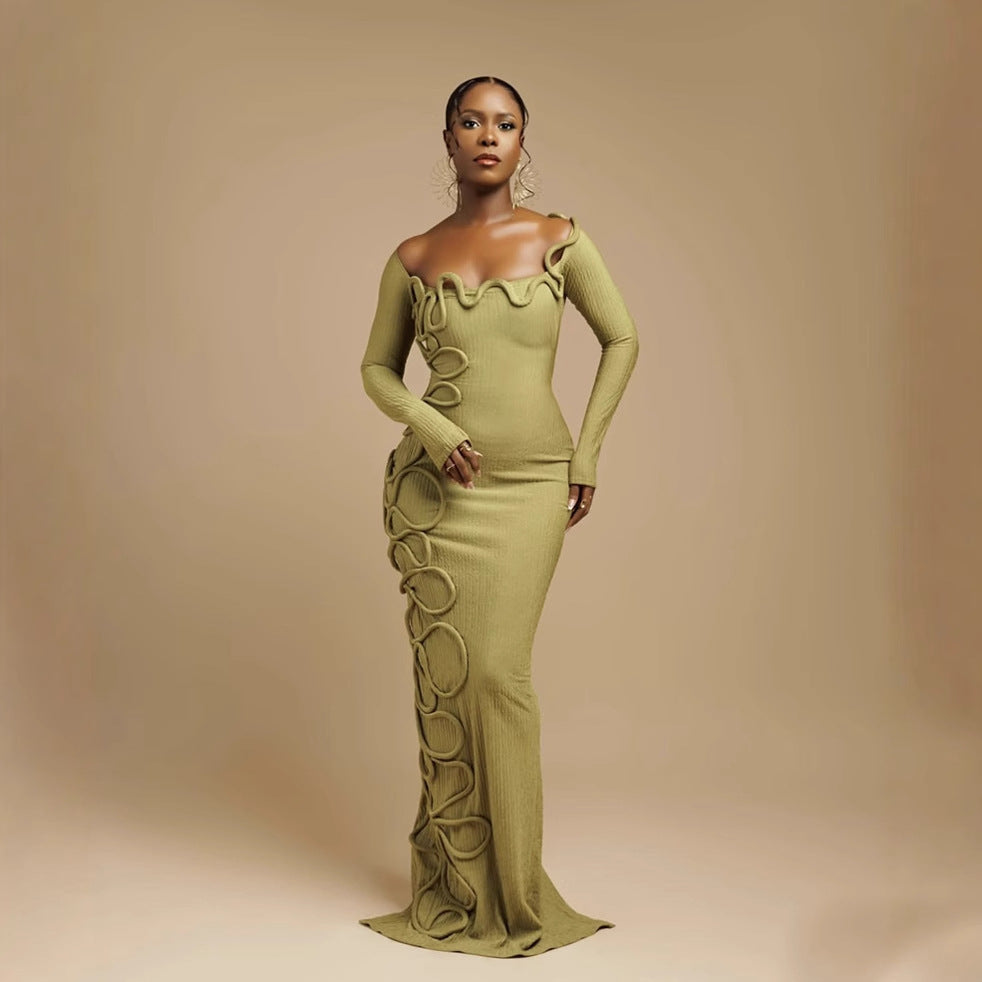 Spring Summer Pleated Personality Twisted String Decoration Square Collar Long Sleeve Slim Length Dress