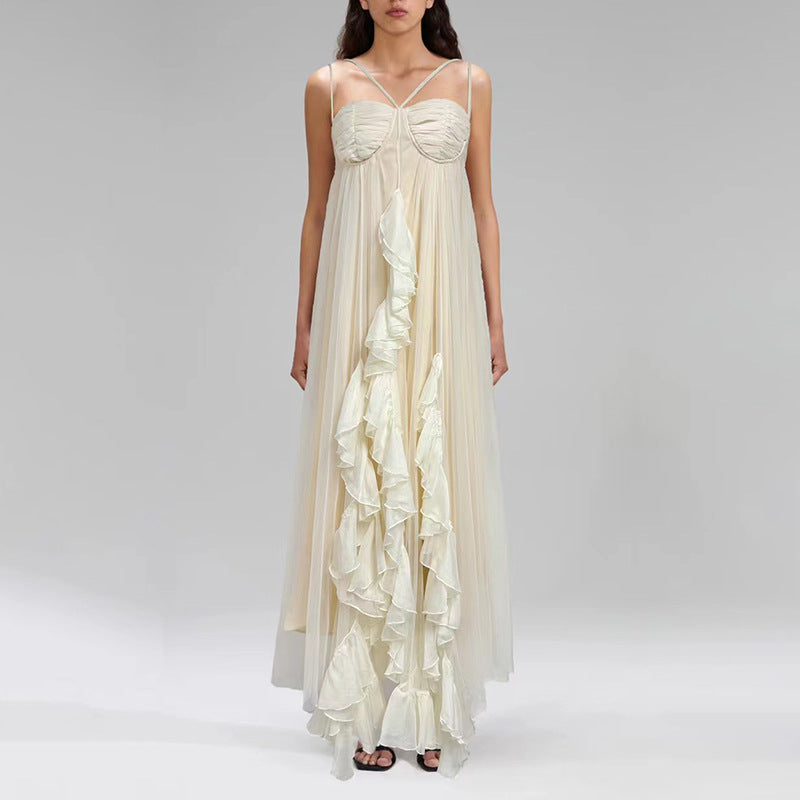 Vacation Beach Mesh Camisole Maxi Dress Patchwork Ruffled Design Solid Color Maxi Dress Women