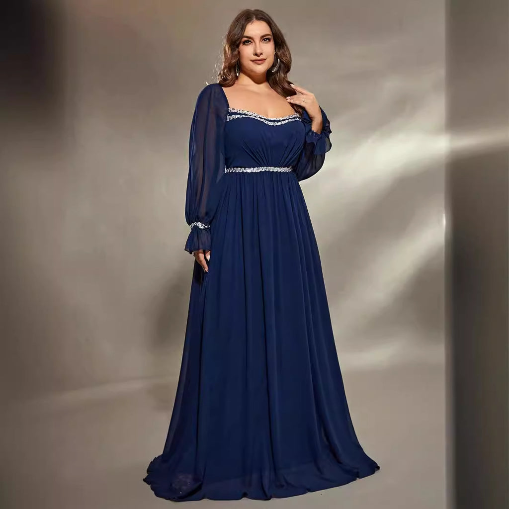 Evening Dress Plus Size plus Sized Chiffon Long Sleeve Evening Dress Square Collar Ball Dress Summer