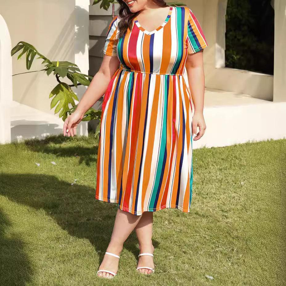 Plus Size Summer Colorful Stripes Comfortable Waist Collection Dress