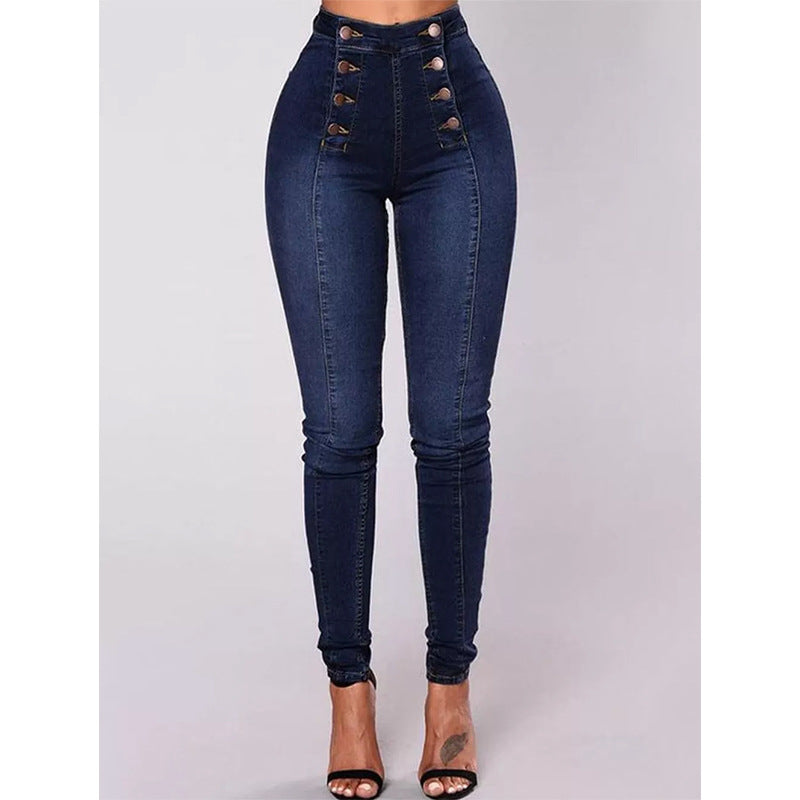 High Waist Casual Jeans Trousers Trendy Double Row Multi Button Slim Stretch Jeans Women