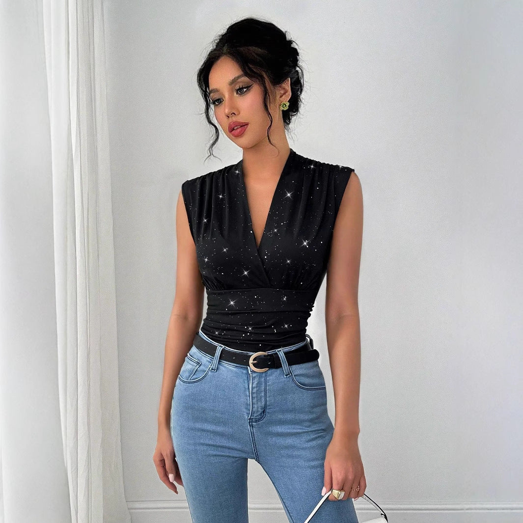 Summer Women V neck Shiny Sequined Decorative Sleeveless Top