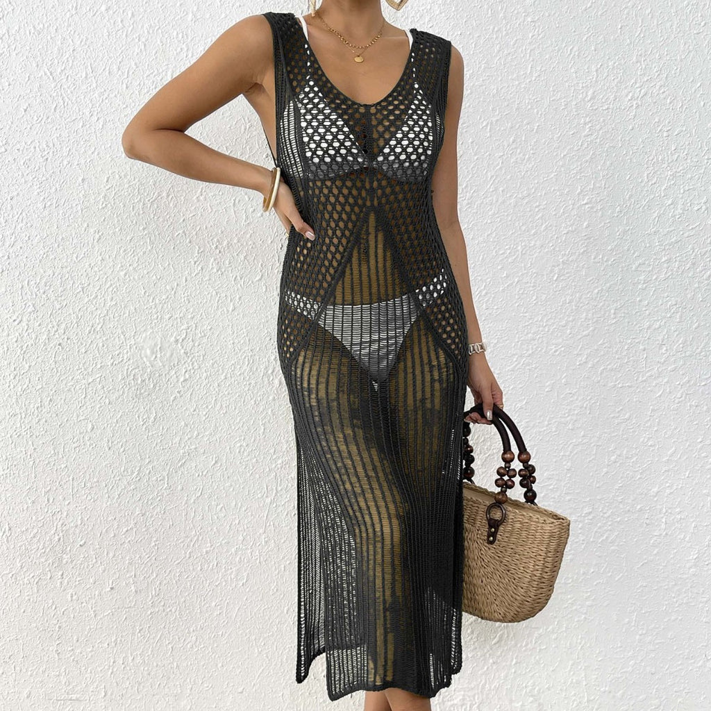Women Holiday Beach Dress Women Clothing Hollow Out Cutout Woven Shirt Vest Dress Long Dress Sexy Slit Dress