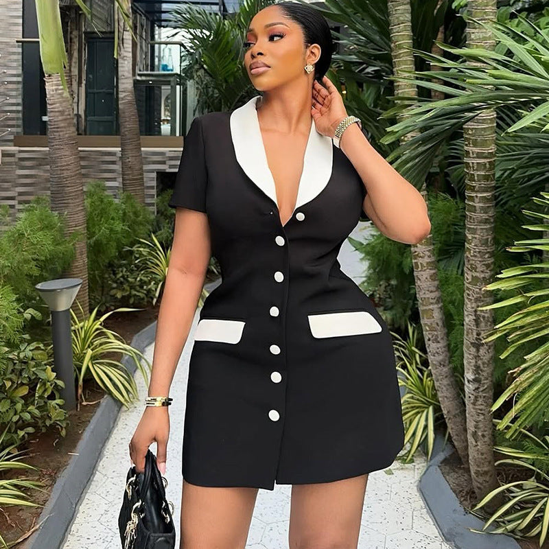 Elegant Women Clothing Black White Contrast Colors Slimming Dress Slim Fit Cardigan Button Short Dress