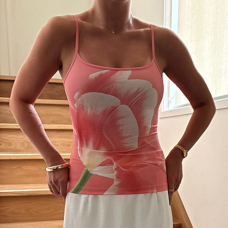 Women Clothing Spring Summer Printing Color Contrast Slim Fit Short Sleeve Strappy Vest