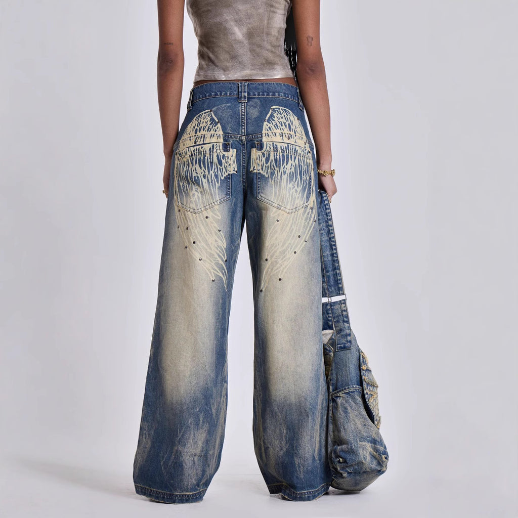 Washed Old Gradient Wings Printing Retro Loose Wide Leg Denim