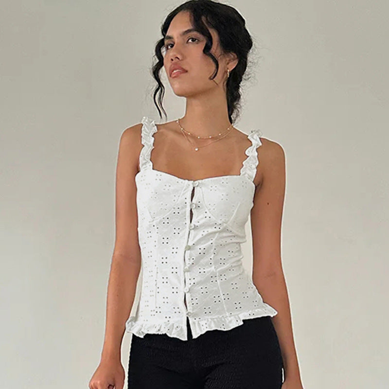 Design Hollow Out Cutout Jacquard Lace Shoulder Strap Vest Pastoral Girly Button Cardigan Waist Trimming Short Top Women Clothing