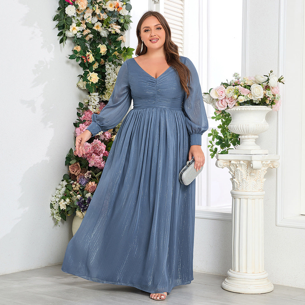 Plus Size Women Long Sleeved Double V neck Shiny Full Lined Pleated A Swing Evening Dress