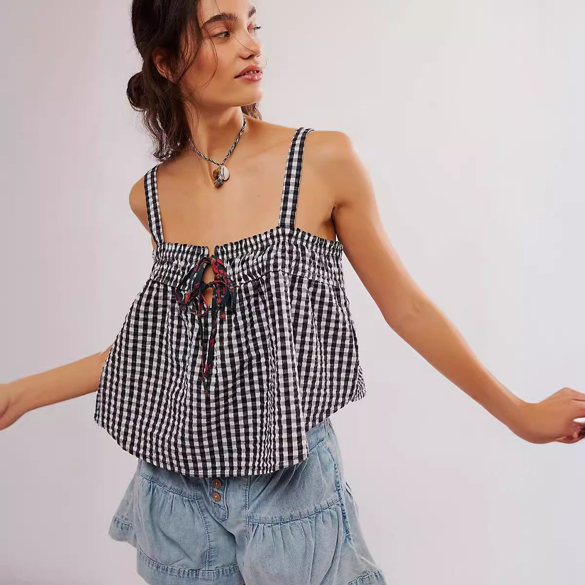 Summer Women Top Plaid Pleated Stitching Sexy Small Vest