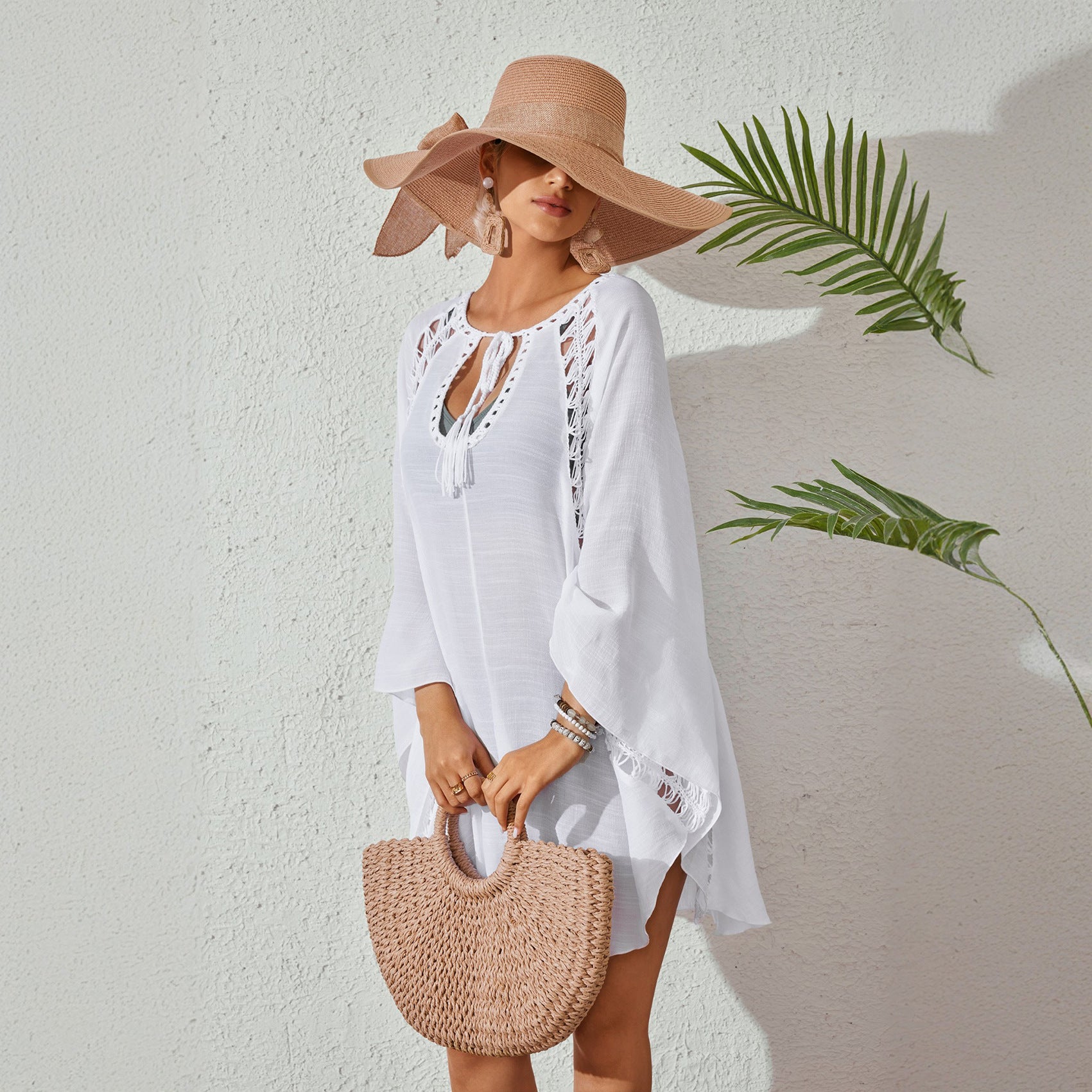 Women Bow Tie Pullover Bikini Swimsuit Blouse Solid Color Loose Sun Proof Clothes