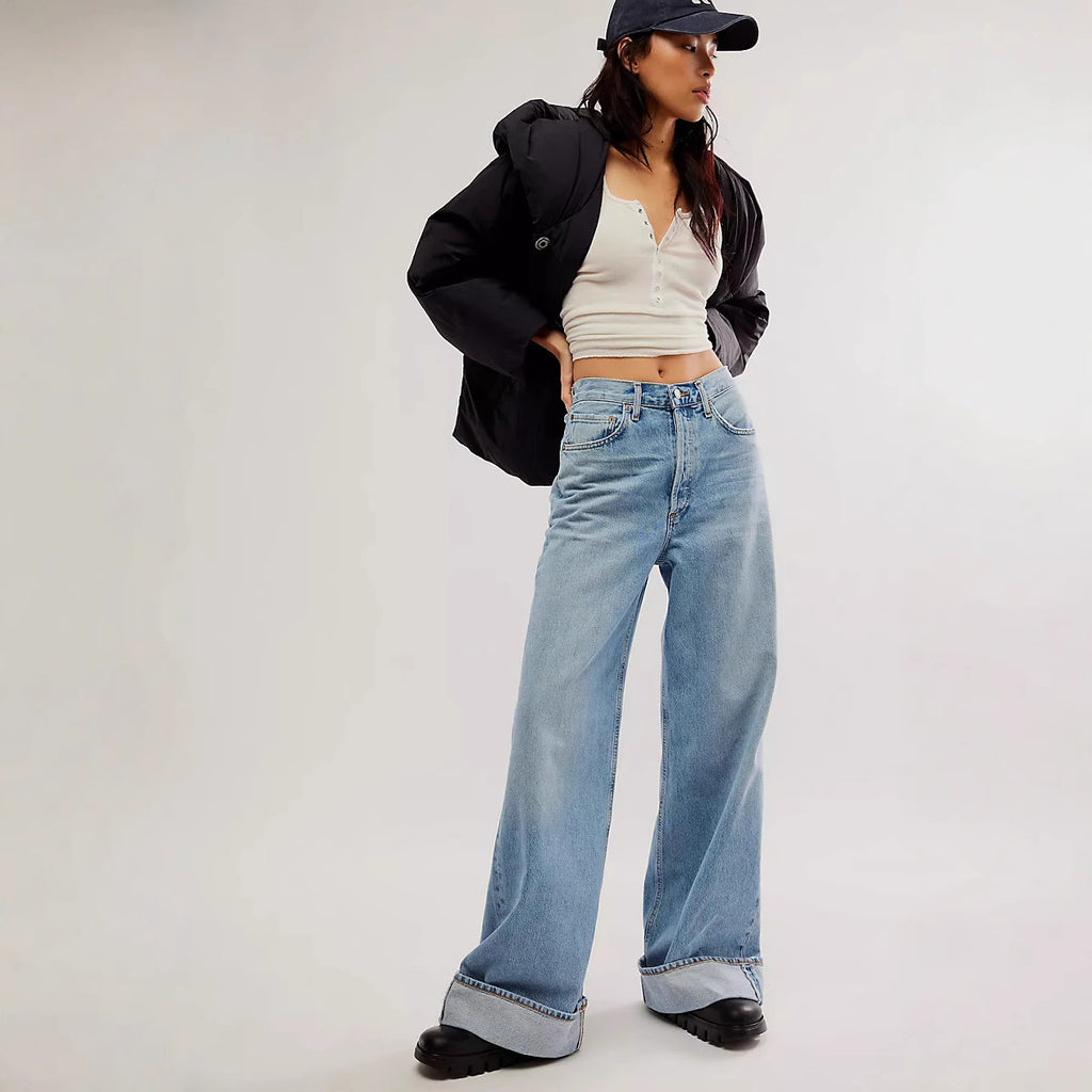 Retro High Waist Slimming Straight Casual Wide Leg Loose Washed Design Jeans