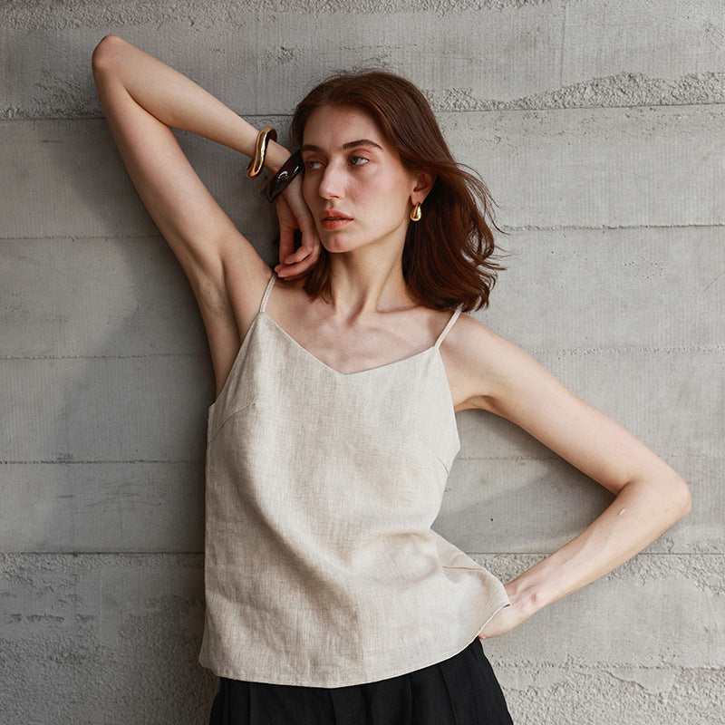 Amoi Linen Vest Women Adjustable Shoulder Strap Small V neck Design Sling Summer Minimalist Wear Top Women