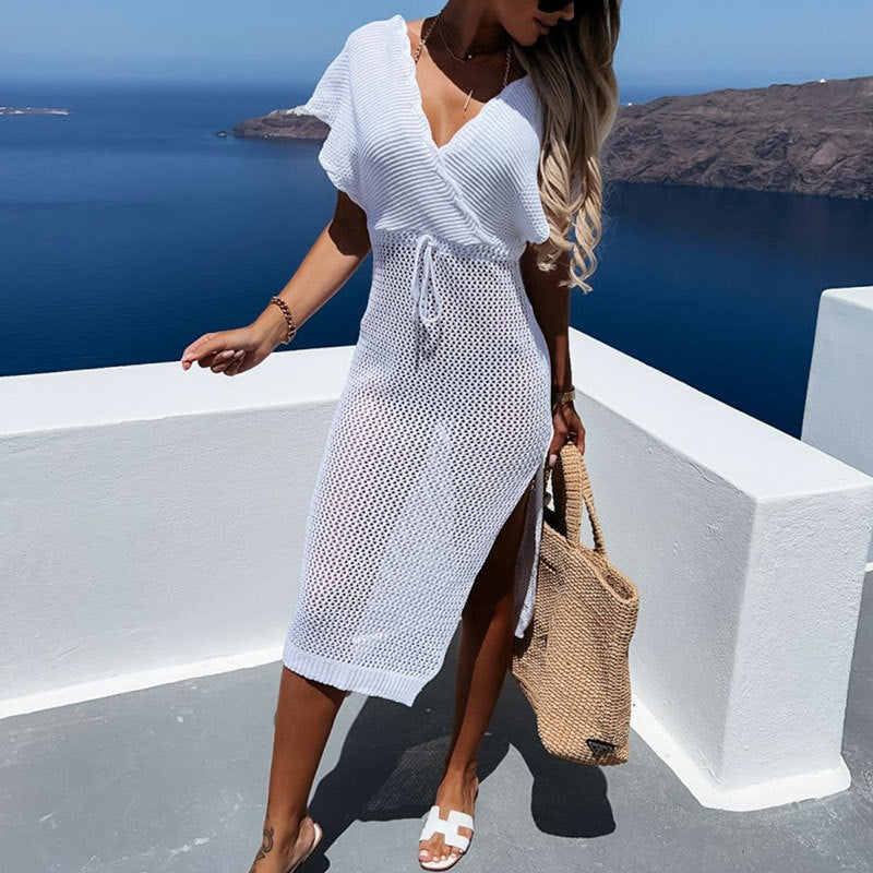 Summer V neck Lace up Hollow Out Cutout Beach Dress Sexy Slit Bikini Sun Shield Hanfu Long Robe Dress Crochet hook Crochet hook Crochet hook