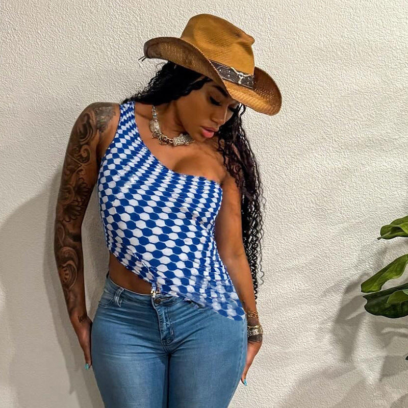 Women Spring Summer Crossbody off the Shoulder Pullover Irregular Asymmetric Small Curling Cropped T shirt