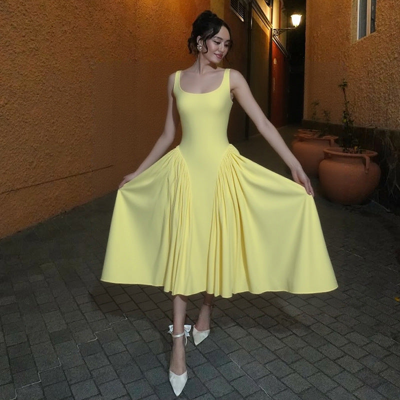 Summer Women Clothing Elegant Graceful High Waist Slim Solid Color Square Collar Sling Dress