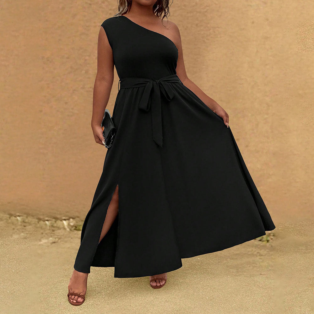 Plus Size Women Clothing Socialite Dress Summer One Shoulder Cold Shoulder High Grade Dress